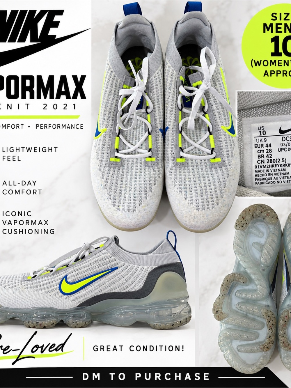 Nike VaporMax Flyknit 2021 - Light Gray, Neon Yellow, Blue